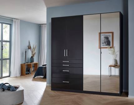 Dulap cu 4 usi cu balamale si 4 sertare HOMBURG 181x197x54cm gri metalic/ gri lucios - oglinda, manere crom