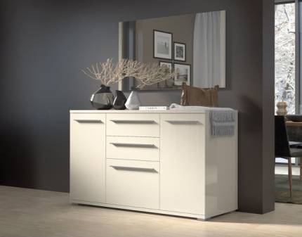 Comoda cu 3 usi si 2 sertare PIANO BEIGE 150x85x45cm bej lucios, manere crom