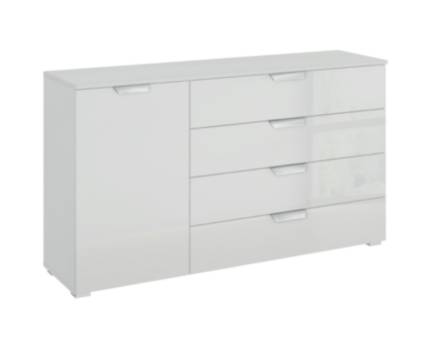 Comoda cu 1 usa si 4 sertare ADITIO 140x81x42cm alb alpin/ sticla alba 