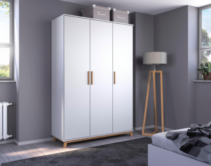 Dulap cu 3 usi cu balamale CARLSSON 136x203x53cm alb alpin, manere stejar