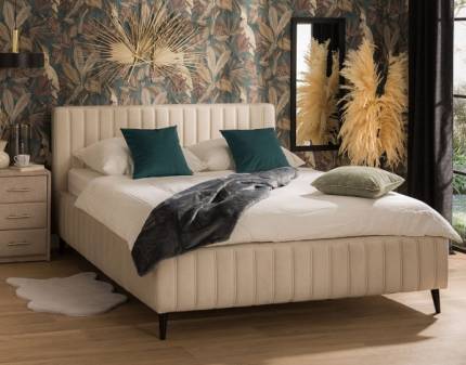 Pat tapitat cu somiera si spatiu pentru depozitare MAGGIE 140/ 160/ 180cm personalizabil, picioare negre/ nuanta lemnului