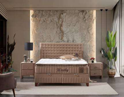 Pat tapitat cu saltea si spatiu pentru depozitare WOOLY (140x200cm) cappuccino 