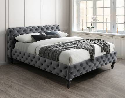 Pat tapitat cu somiera HERRERA VELVET (160x200cm) catifea grey design chesterfield, picioare negre