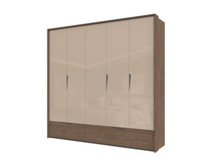 Dulap cu 5 usi cu balamale si 2 sertare LEFT 232x226x60cm Mokka HG lucios + Linkoln Walnut, manere incorporate antracit, cu rama passepartout  