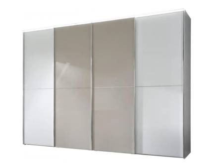 Dulap cu 4 usi glisante 400x240x68cm alb mat/ alb mat - sticla mocca, maner crom model 42 SINFONIE PLUS  